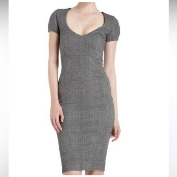 L'Agence Gray Black Plaid Fitted Short Sleeve w/Sweetheart Neckline Dress - Picture 1 of 13